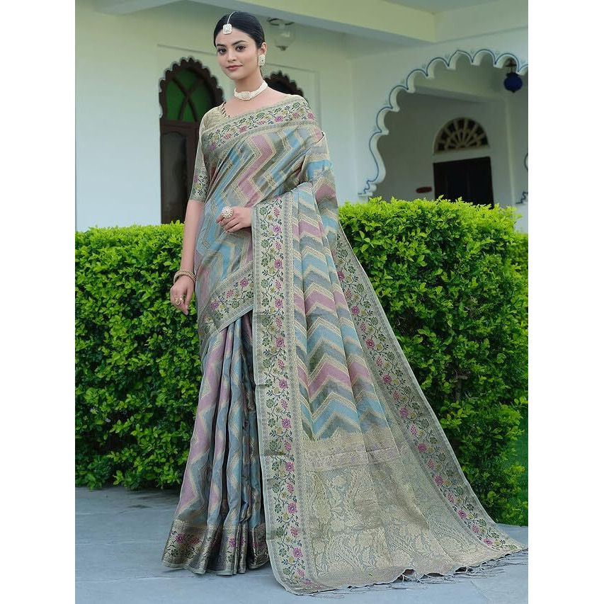 Satrani Women's Organza Banarasi Jacquard Saree With Unstitched Blouse Piece (3086S142N_Light Grey)