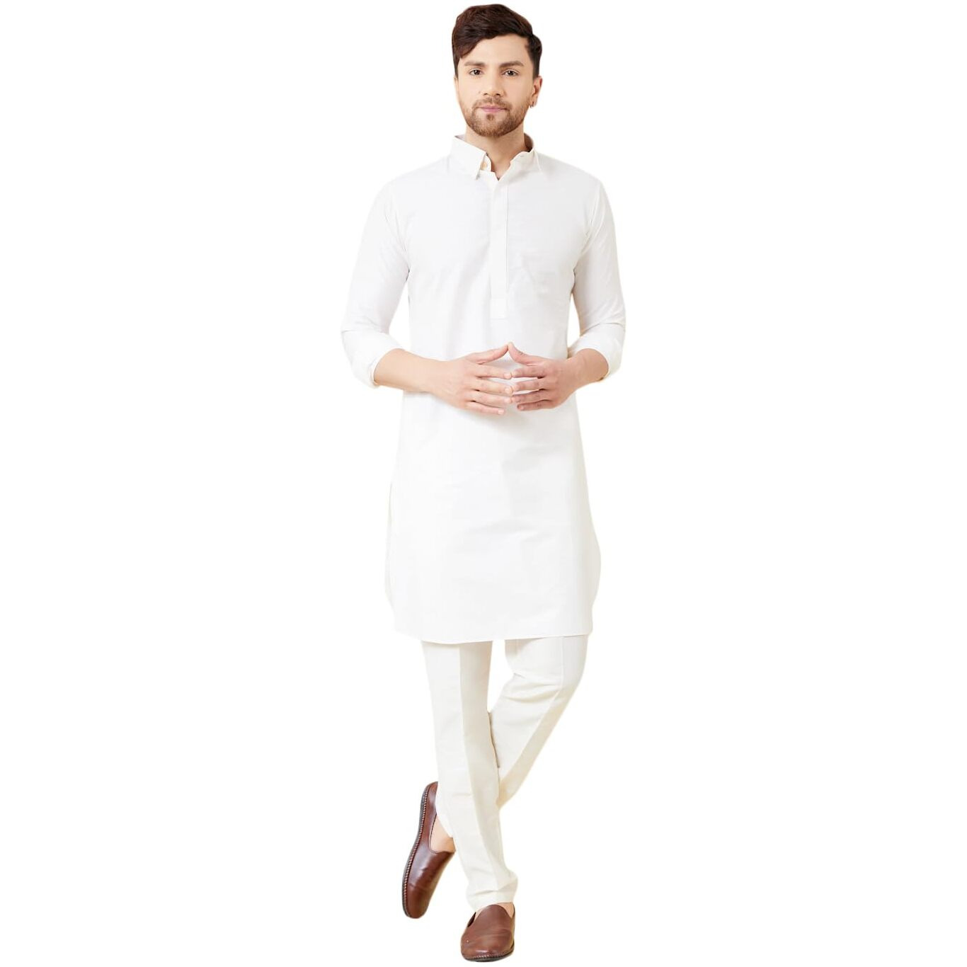 See Designs Men Off White Cotton Solid Spread Collar Curved Hem Side Slit Full Sleeve Pathani Kurta With Pyjama - Bnrskt61701Xs