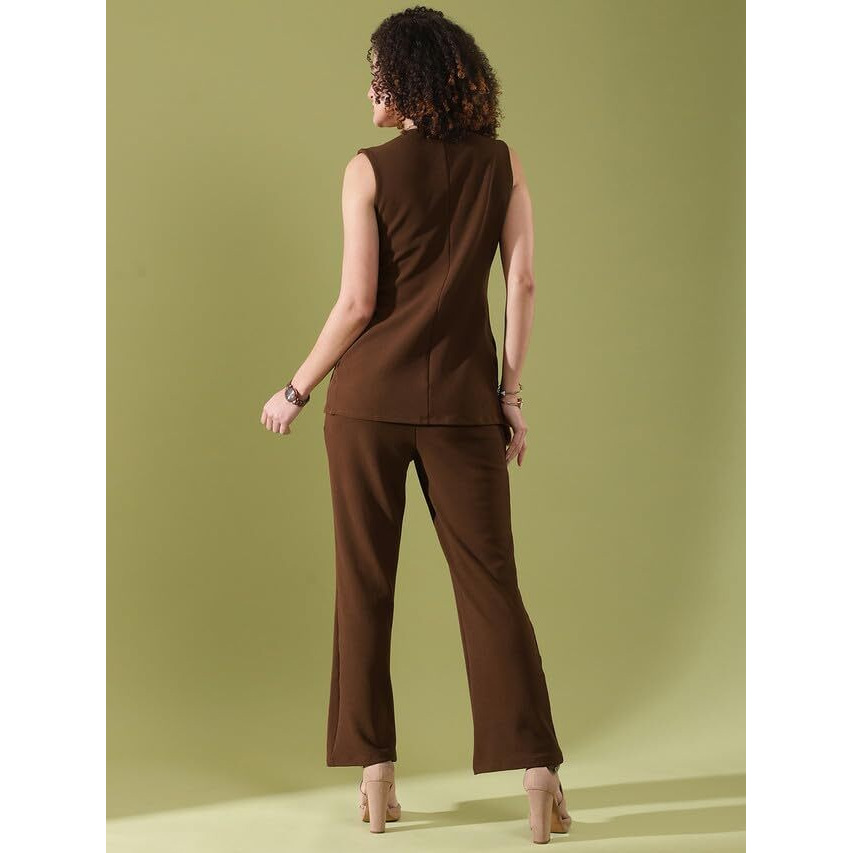 Selvia Women's Co-Ords Set|Sleeveless Lycra V-Neck Co-Ords Set|Top & Trouser Co-Ords Set|2 Piece Co-Ord Set (646Ctk11302N-S_Brown)