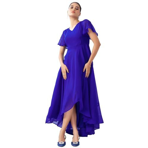 Selvia Women's Georgette Asymmetrical Knee-Length Dress (718Dtk7942N-M_Dark Blue