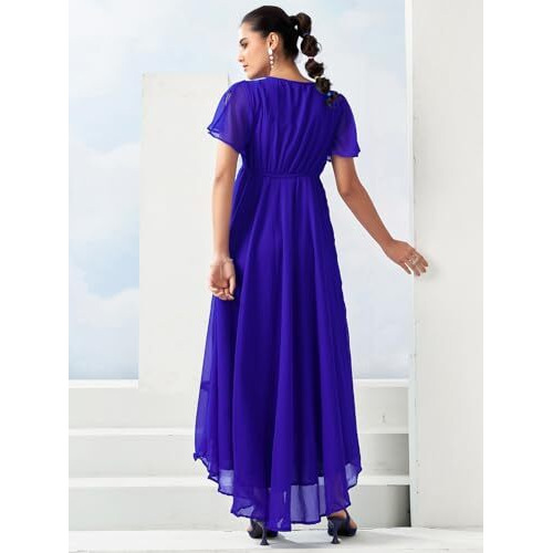 Selvia Women's Georgette Asymmetrical Knee-Length Dress (718Dtk7942N-M_Dark Blue
