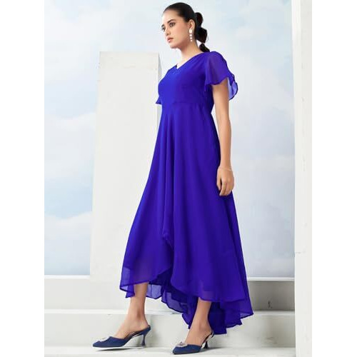 Selvia Women's Georgette Asymmetrical Knee-Length Dress (718Dtk7942N-M_Dark Blue