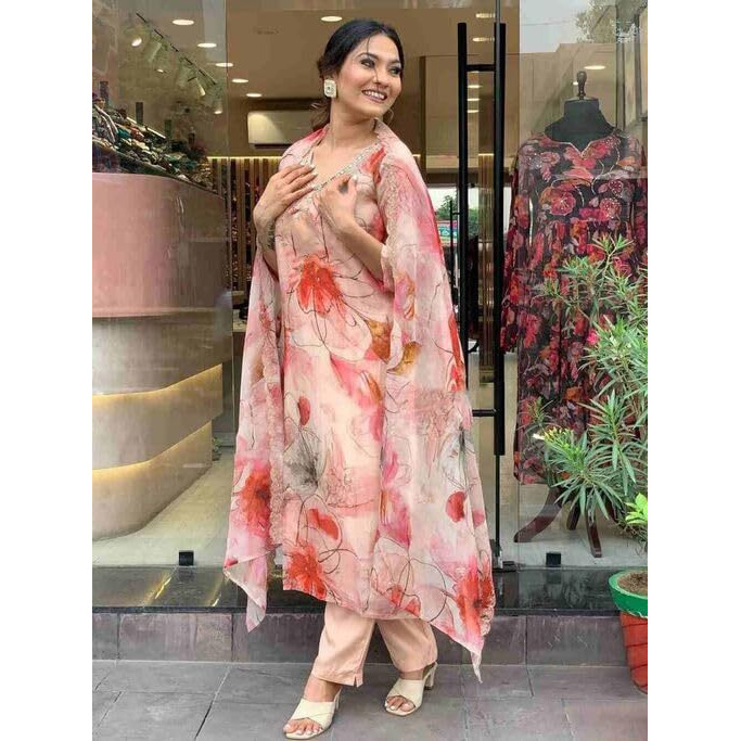 Smowkly Cotton Silk Blend || Dupatta Set || Kurta Pant Set || Printed Dupatta Set || Ethnic Set For Women (Pink, Xl)