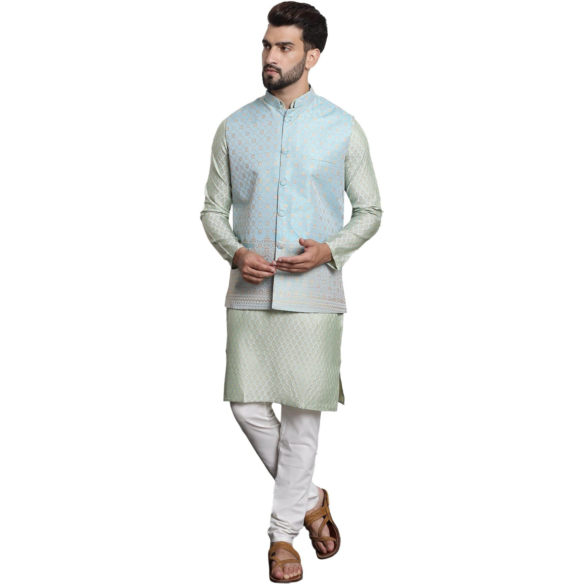 Sojanya (Since 1958 Men's Jacquard Silk Pista Green Kurta And Cream Pyjama With Blue Nehrujacket