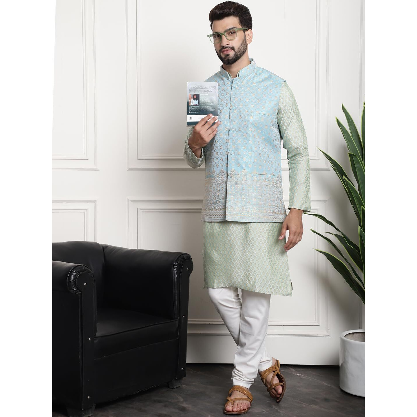 Sojanya (Since 1958 Men's Jacquard Silk Pista Green Kurta And Cream Pyjama With Blue Nehrujacket