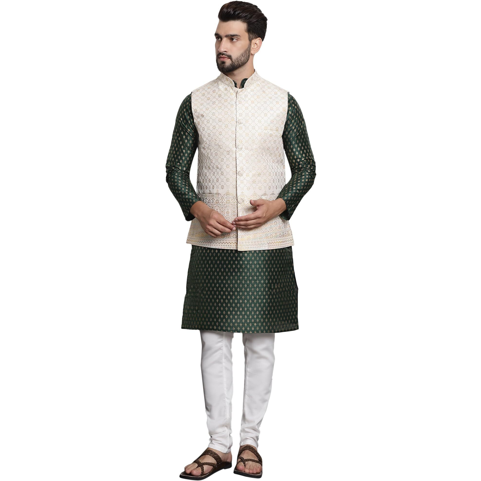 Sojanya (Since 1958 Men's Silk Blend Navy Blue Kurta And Off-White Pyjama With Cream Nehru Jacket