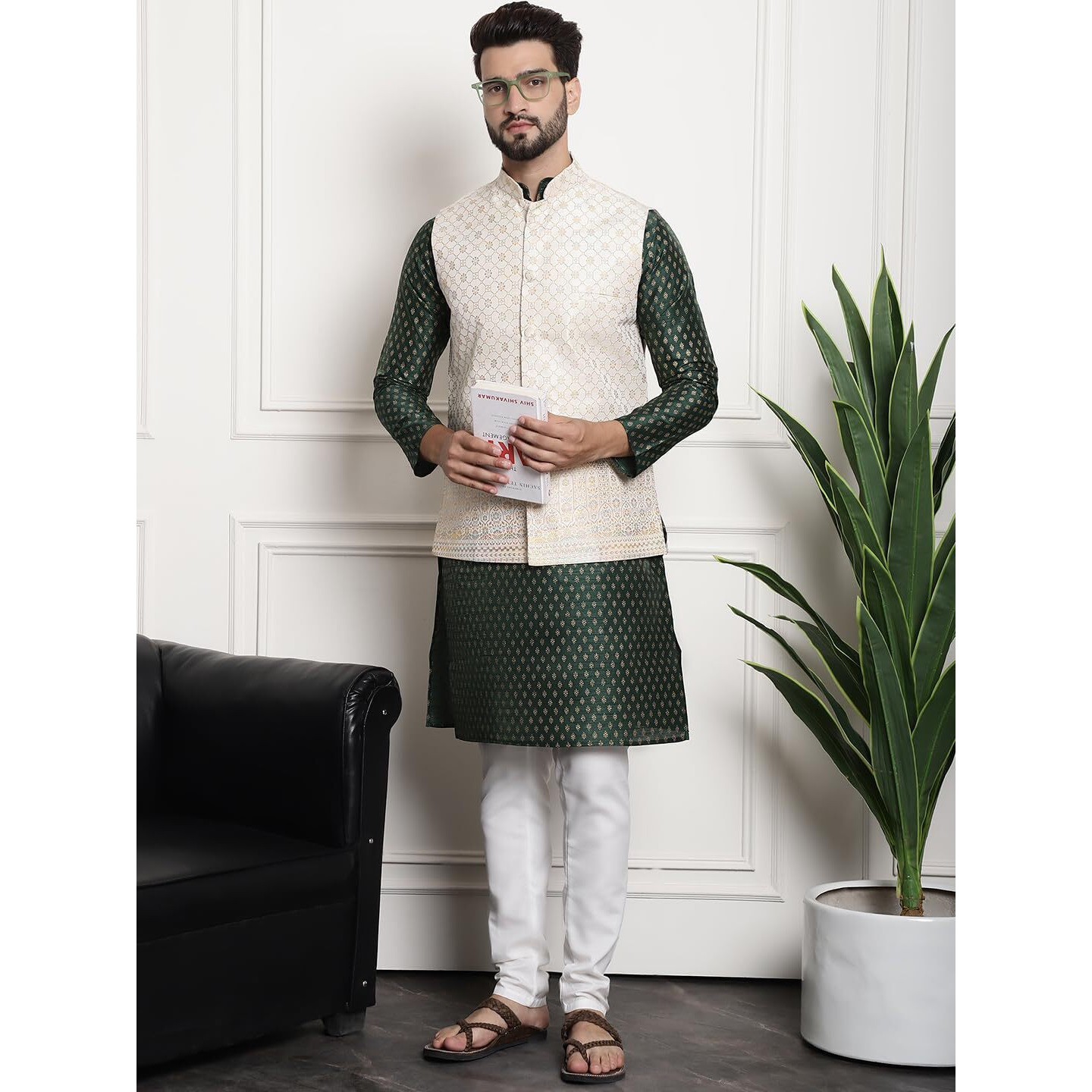 Sojanya (Since 1958 Men's Silk Blend Navy Blue Kurta And Off-White Pyjama With Cream Nehru Jacket