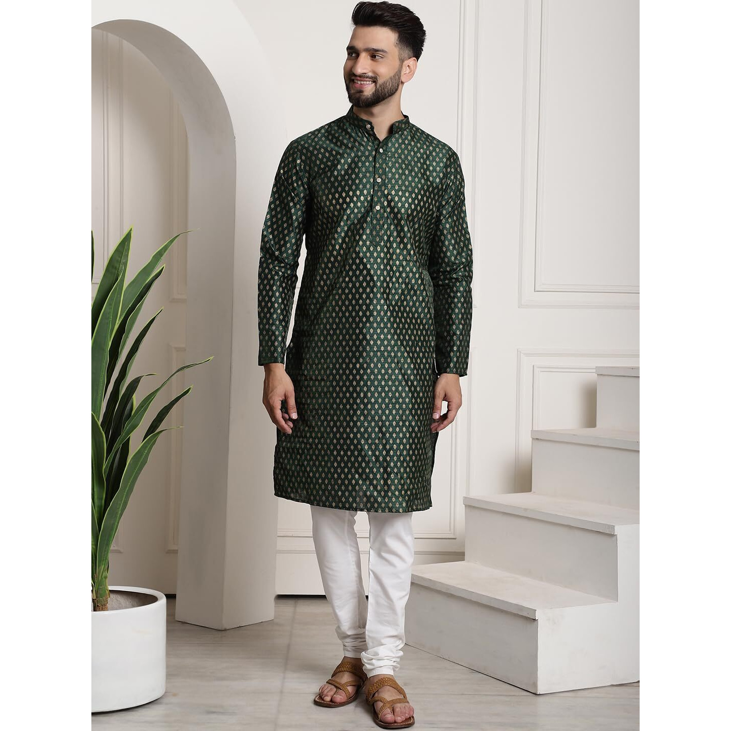 Sojanya (Since 1958 Men's Silk Blend Navy Blue Kurta And Off-White Pyjama With Cream Nehru Jacket