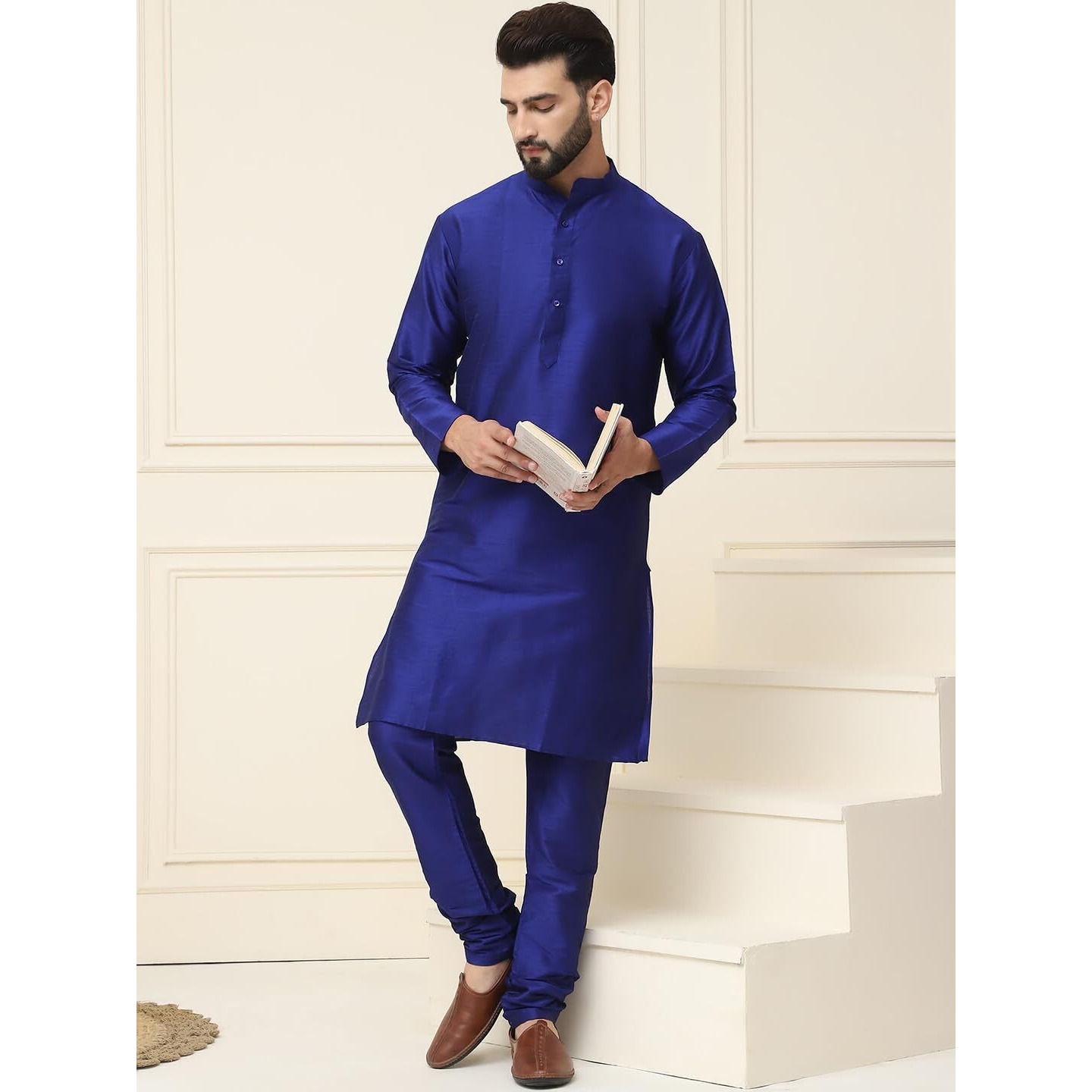 Sojanya (Since 1958 Men's Royal Blue Dupion Silk Kurta & Churidaar Pyjama