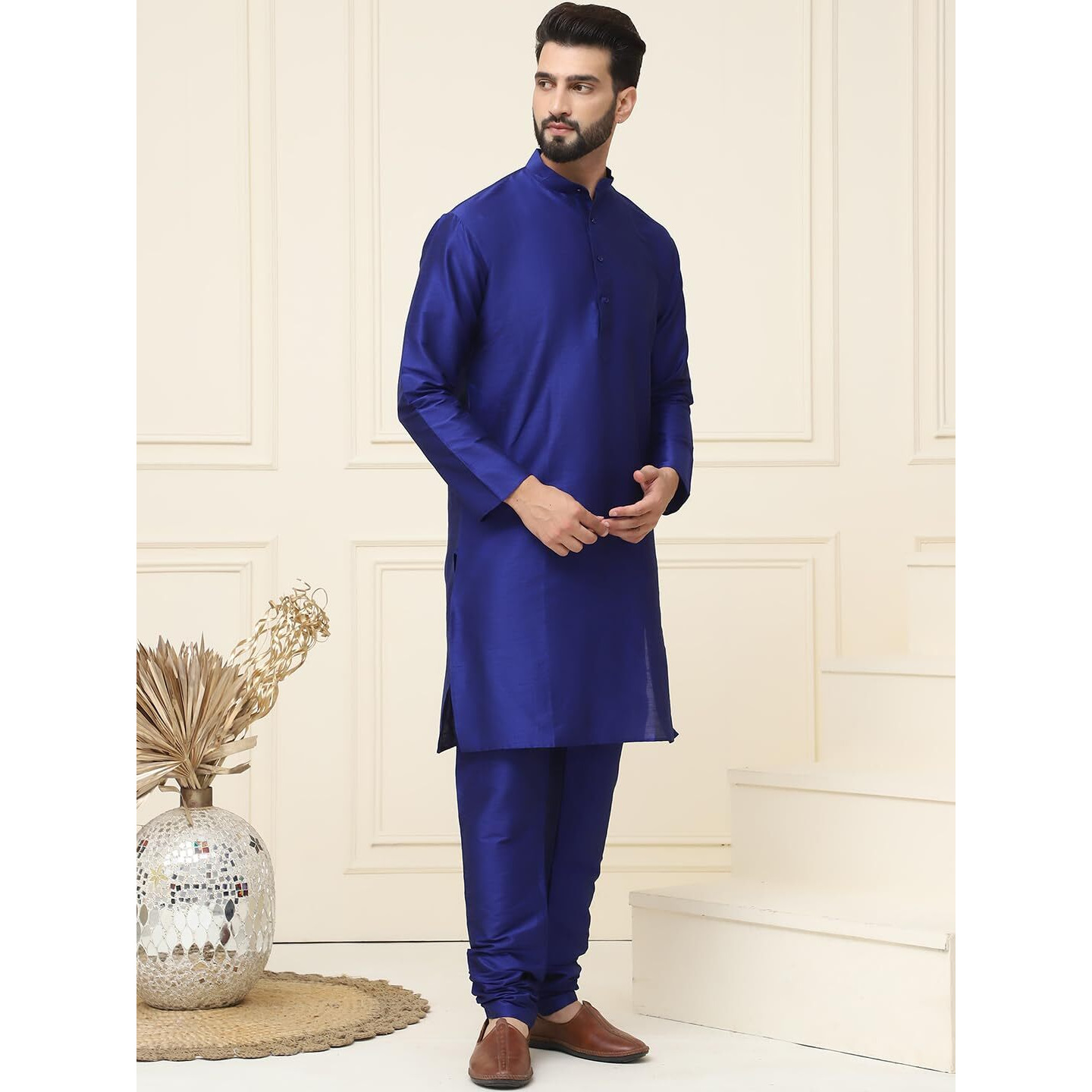 Sojanya (Since 1958 Men's Royal Blue Dupion Silk Kurta & Churidaar Pyjama