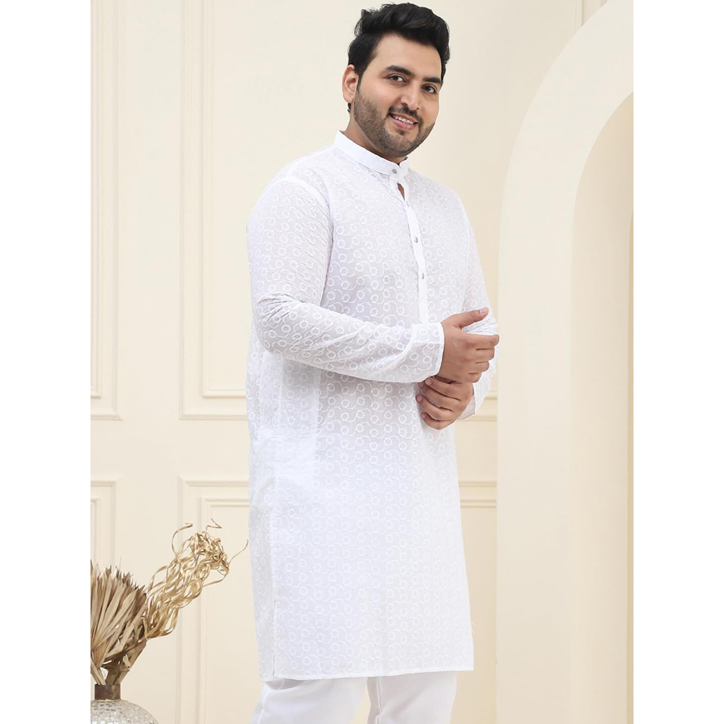 Sojanya Plus(Since 1958) Men's 100% Cotton White Chikankari Kurta