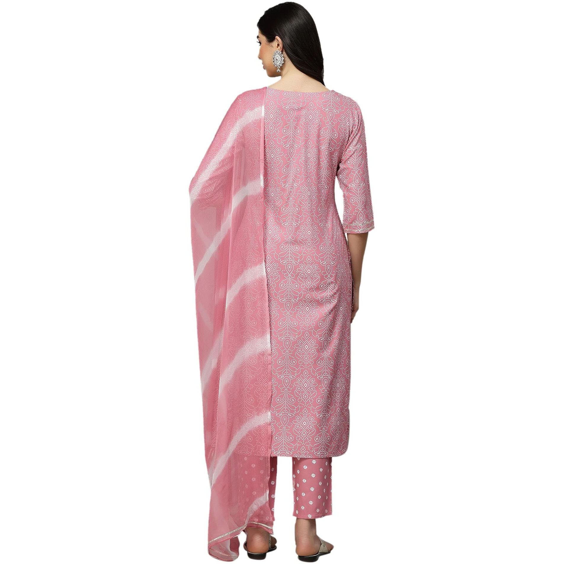 Stylum Women's Bandhej Printed Rayon Kurta Pant Dupatta Set (Kpdpinklemon38_Pink, M)