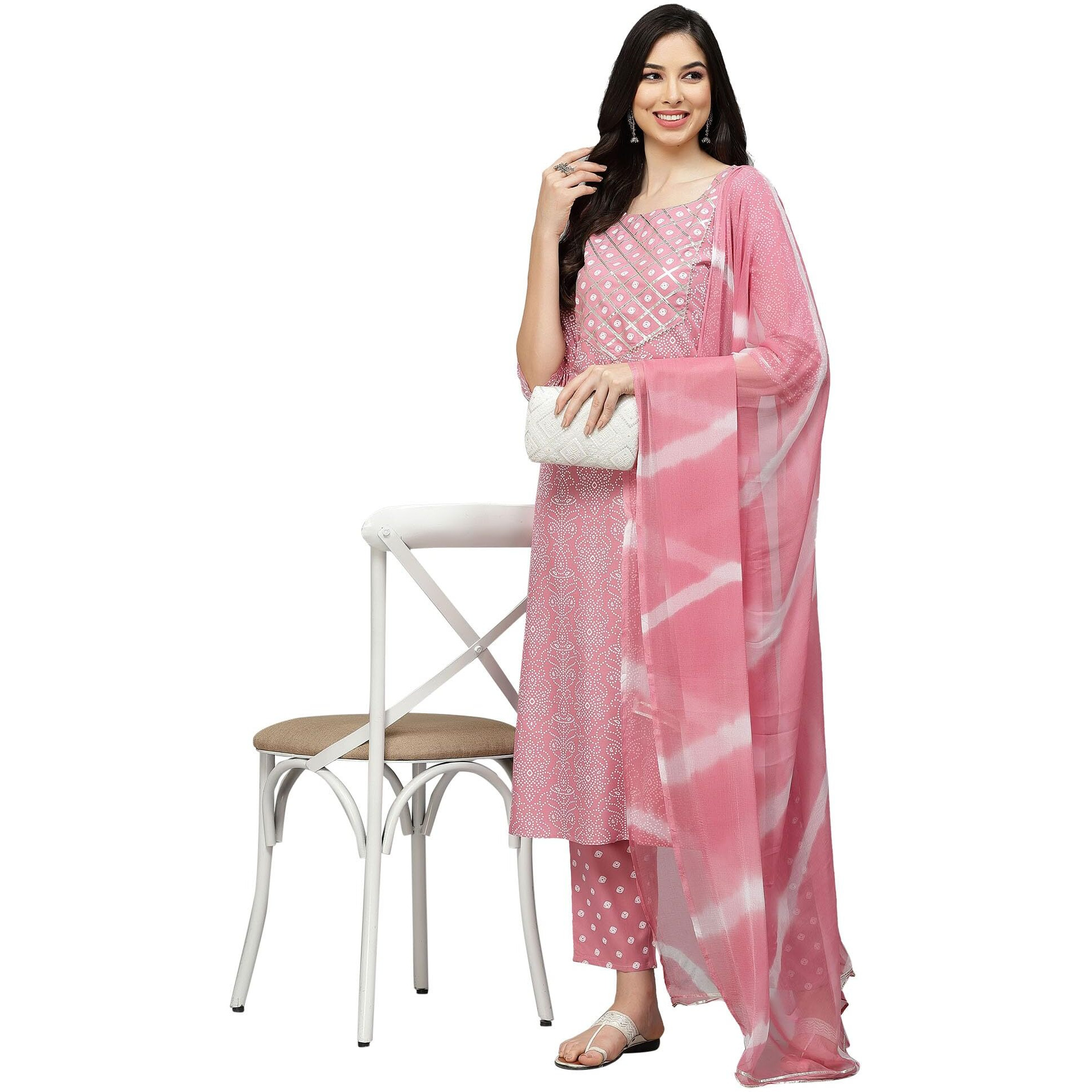 Stylum Women's Bandhej Printed Rayon Kurta Pant Dupatta Set (Kpdpinklemon38_Pink, M)