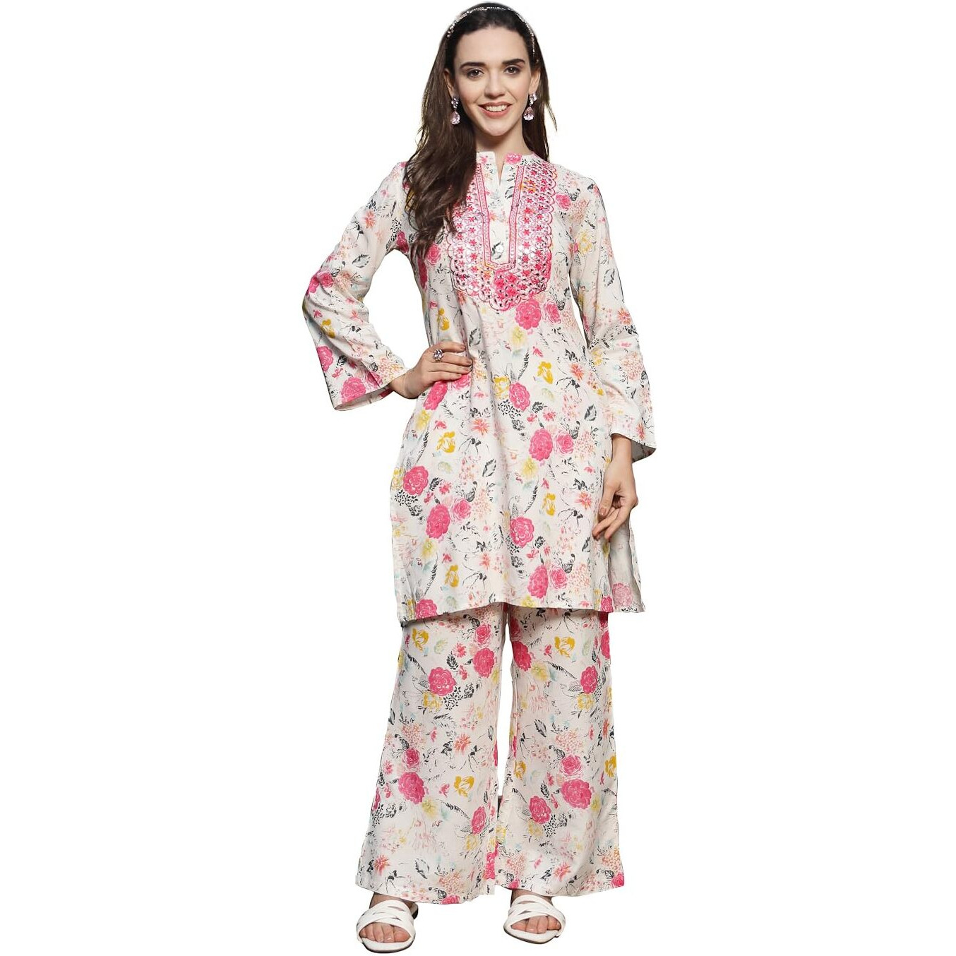 Stylum Women's Floral Printed & Embroidered Rayon Straight Kurta Palazzo Set (Kpmultikayali40_Multi, L)