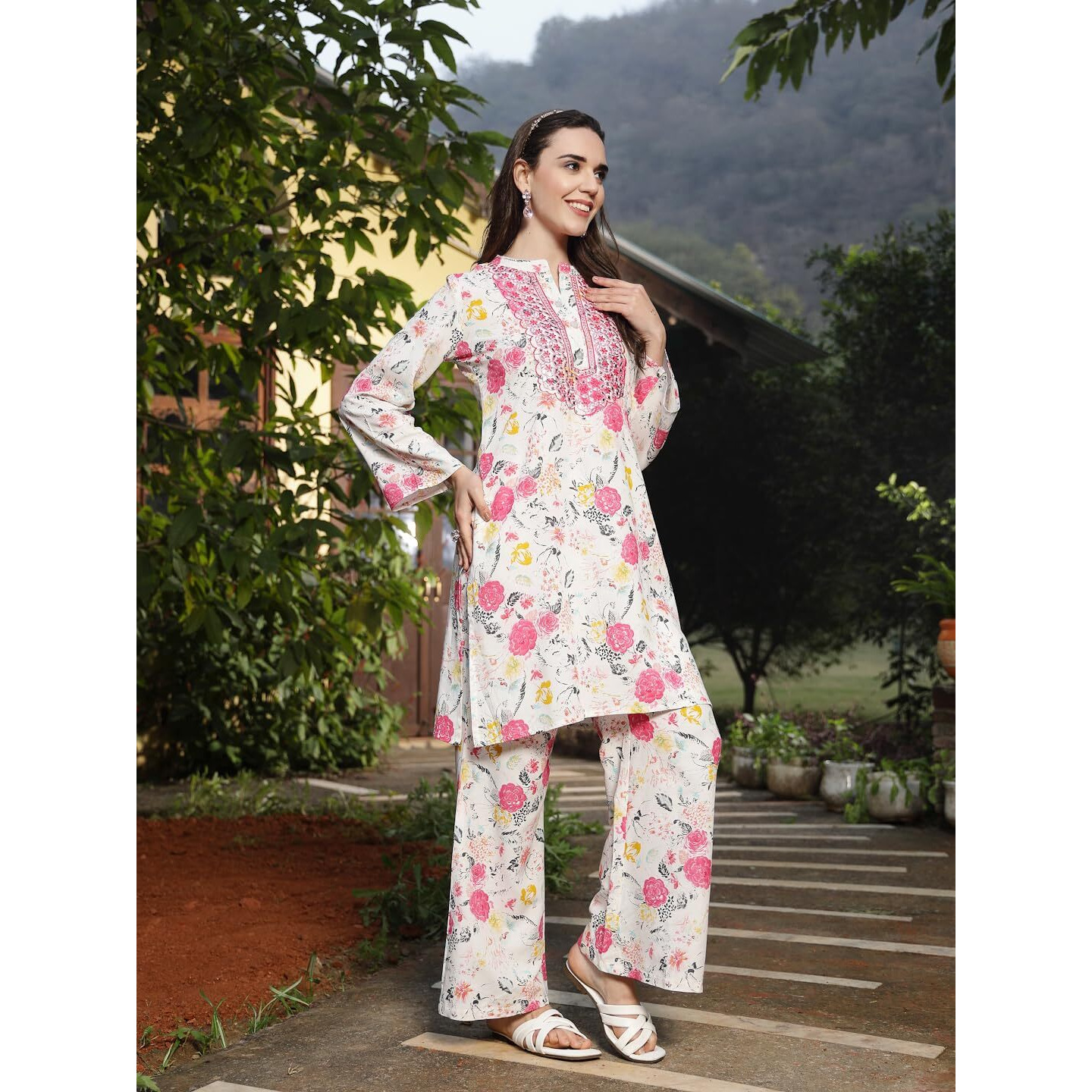 Stylum Women's Floral Printed & Embroidered Rayon Straight Kurta Palazzo Set (Kpmultikayali40_Multi, L)