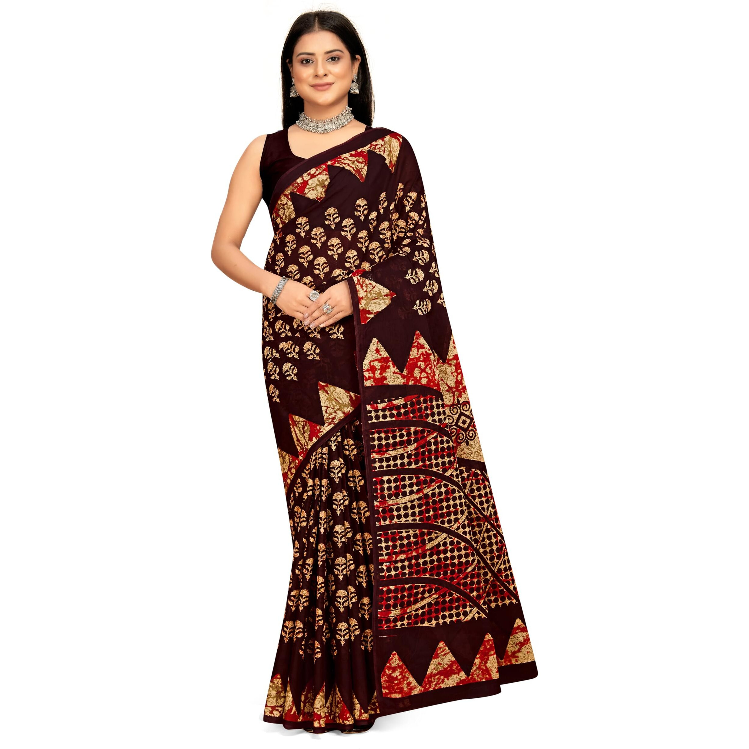 Tamaira Fashion Women's Batik Printed Pure Cotton Mulmul Saree Without Blouse Piece(Ab43_Dark Brown)
