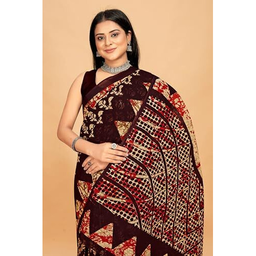 Tamaira Fashion Women's Batik Printed Pure Cotton Mulmul Saree Without Blouse Piece(Ab43_Dark Brown)