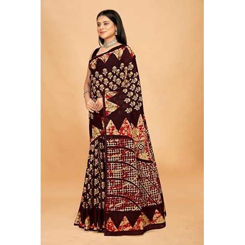 Tamaira Fashion Women's Batik Printed Pure Cotton Mulmul Saree Without Blouse Piece(Ab43_Dark Brown)