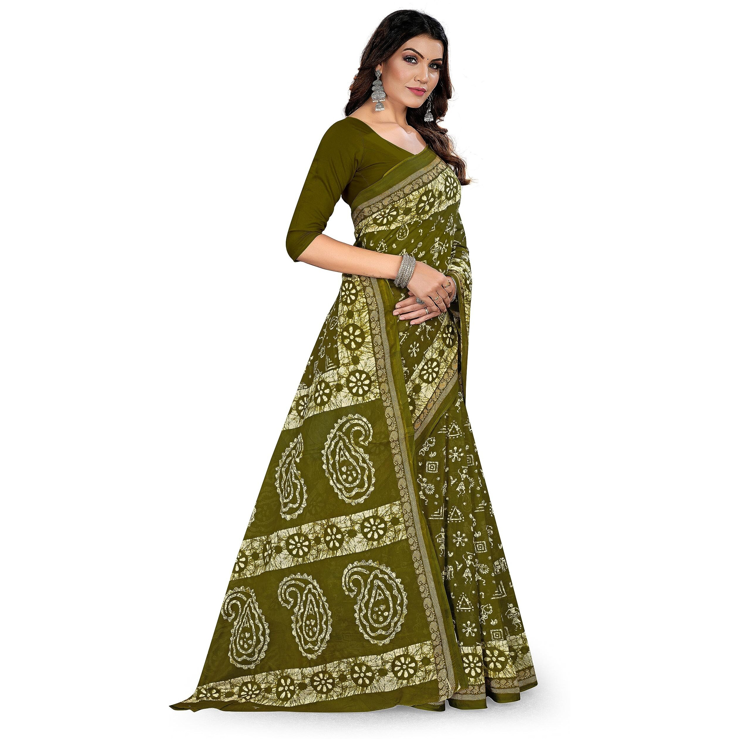 Tamaira Fashion Women's Plain Weave Pure Cotton Saree Without Blouse Piece(2476_Mehendi)