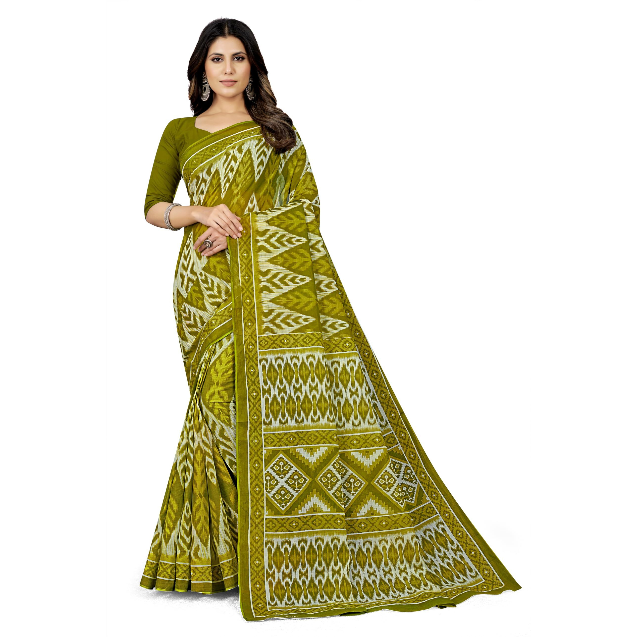 Tamaira Fashion Women's Handloom Print Pure Cotton Saree Without Blouse Piece(12004_Green)