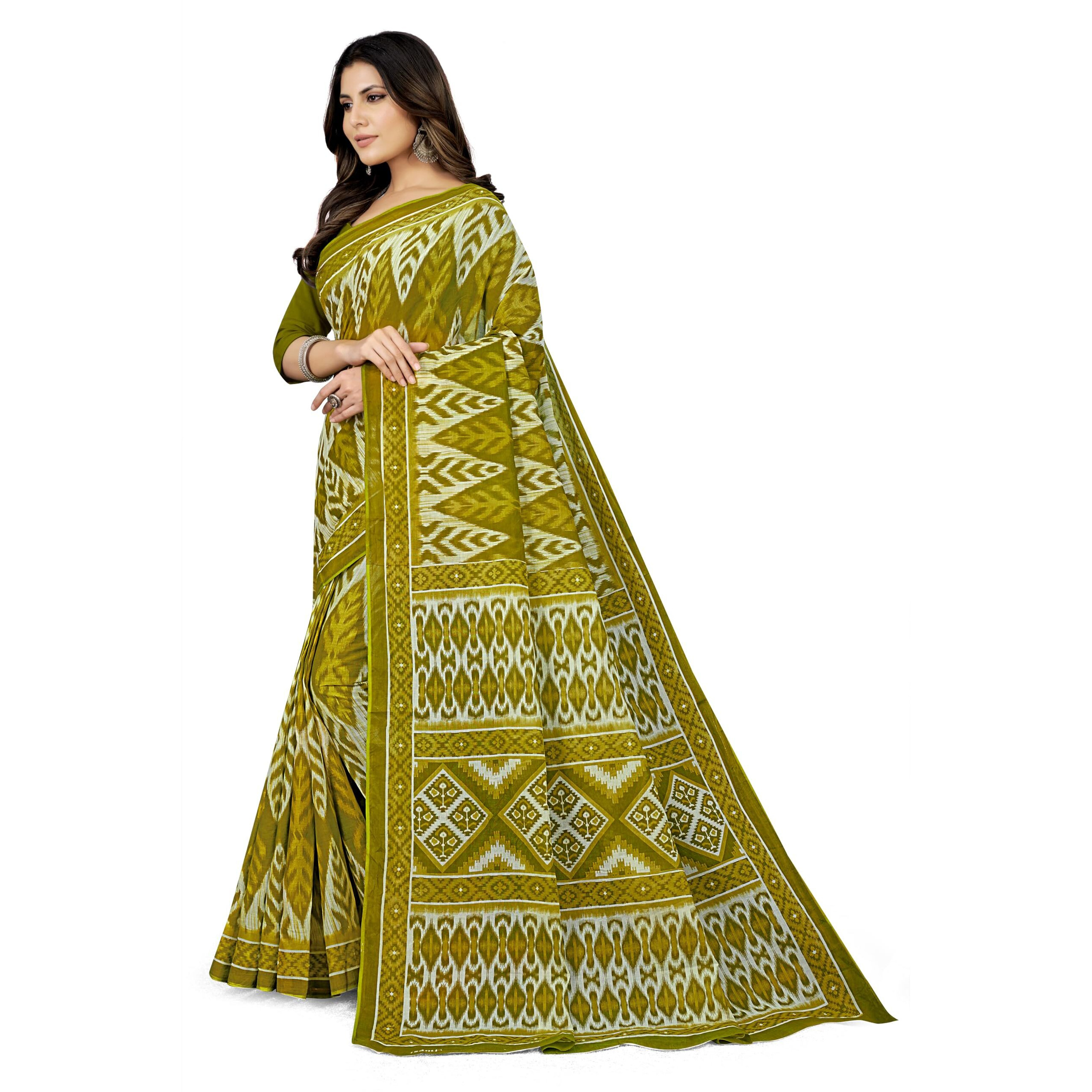 Tamaira Fashion Women's Handloom Print Pure Cotton Saree Without Blouse Piece(12004_Green)