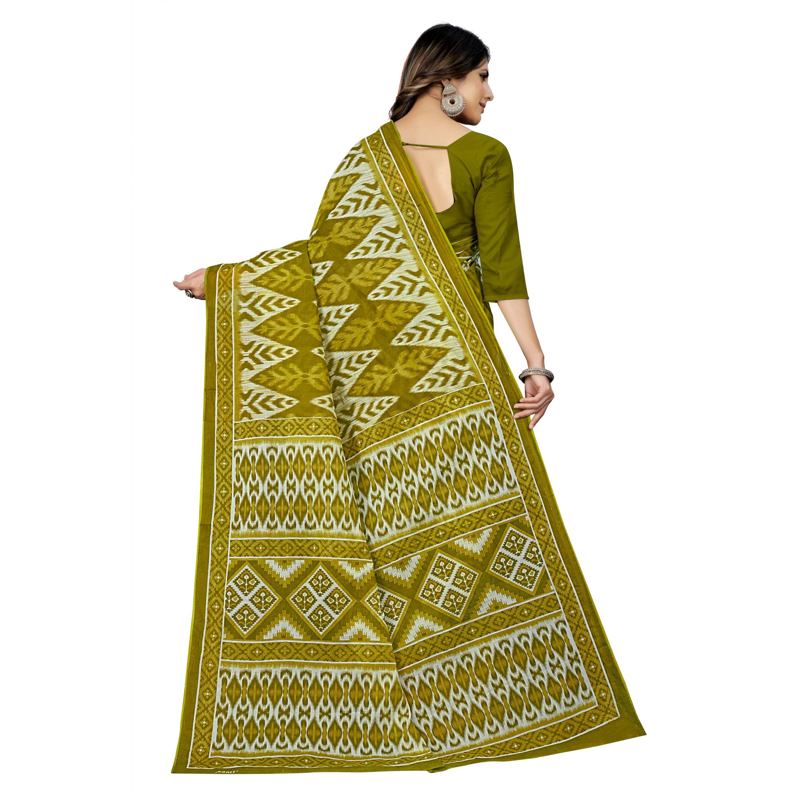 Tamaira Fashion Women's Handloom Print Pure Cotton Saree Without Blouse Piece(12004_Green)