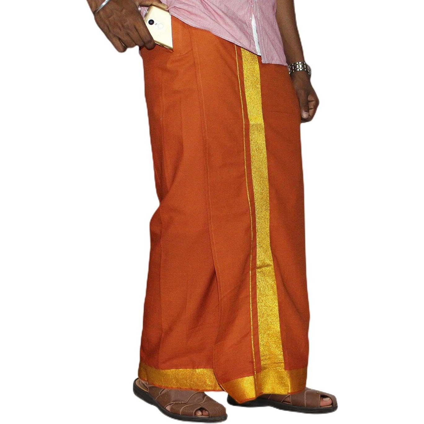 Prakasam Cotton Men's Dark Kaavi Colour 2 Inch Gold Jari Border Welcro Pocket Dhoti/Size Hip -34 Inches- Length- 42 Inches