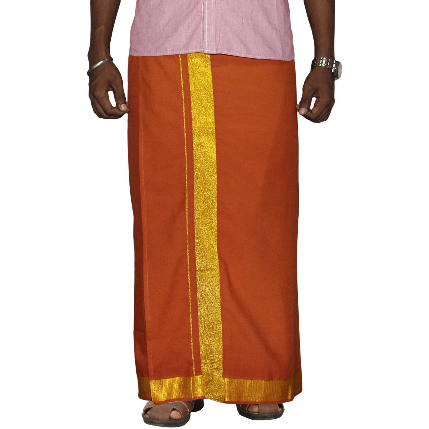 Prakasam Cotton Men's Dark Kaavi Colour 2 Inch Gold Jari Border Welcro Pocket Dhoti/Size Hip -34 Inches- Length- 42 Inches