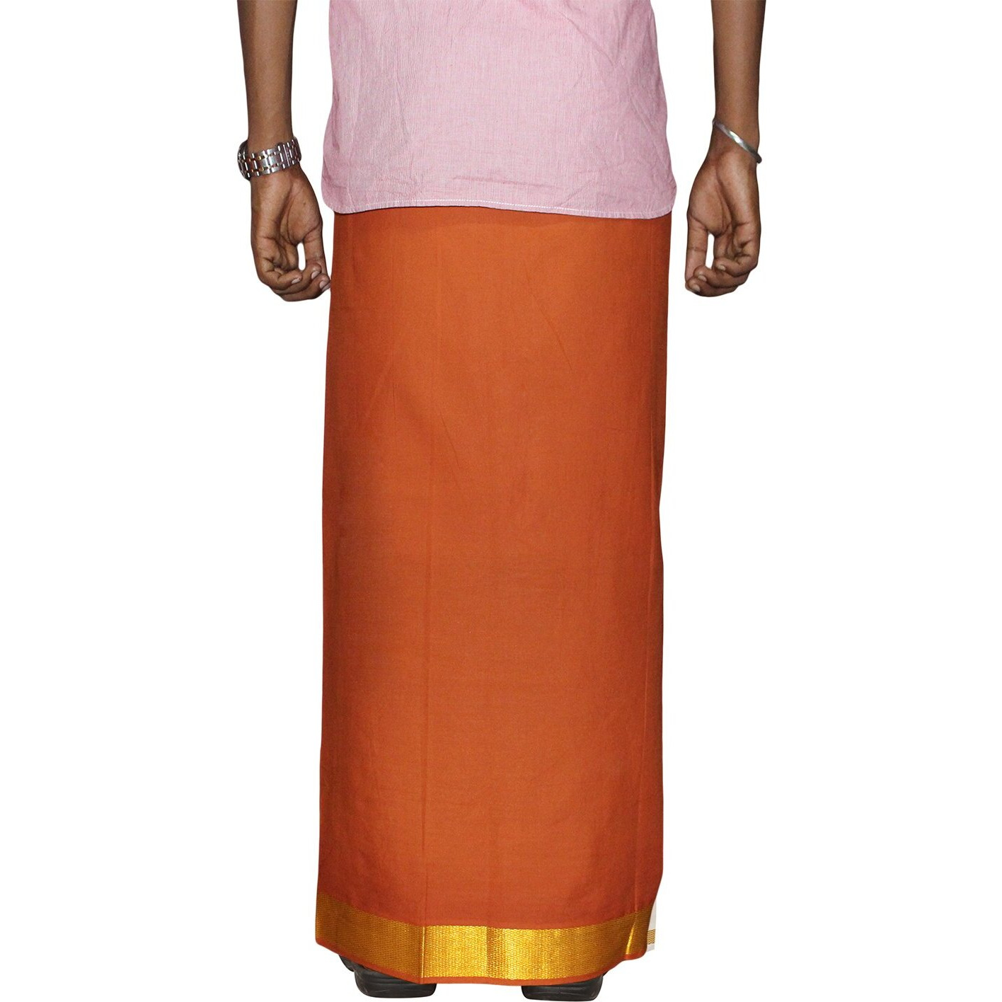 Prakasam Cotton Men's Dark Kaavi Colour 2 Inch Gold Jari Border Welcro Pocket Dhoti/Size Hip -34 Inches- Length- 42 Inches