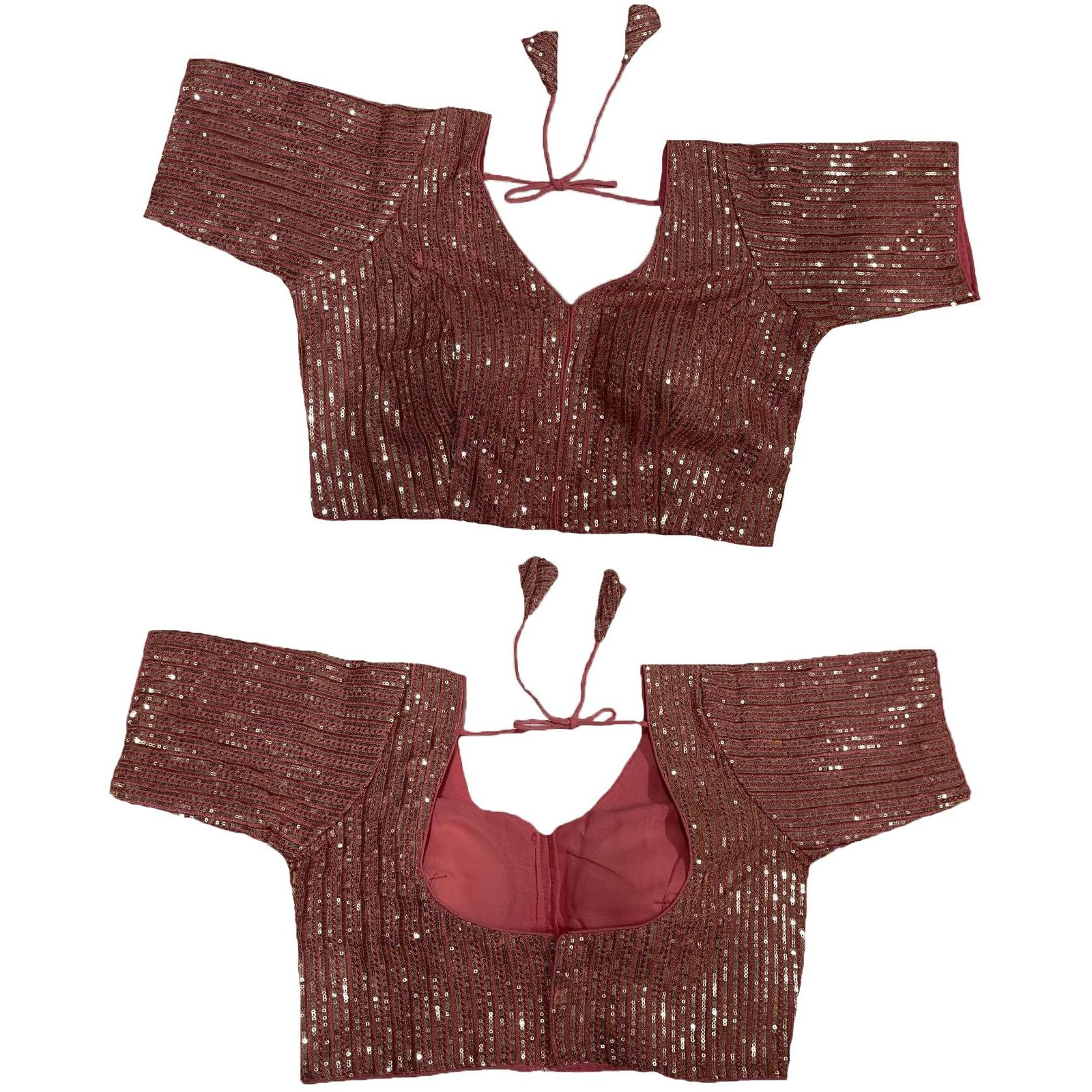 Vihu Fashion Women's Indian Ethnic Wear Designer Silver Sequence With Matching Embroidered Work V Neck Half Sleeve Readymade Padded Saree Blouse Readymade Unique Peach Color Saree Blouse