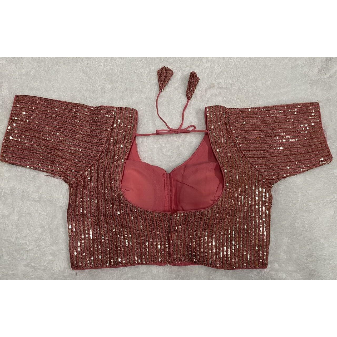 Vihu Fashion Women's Indian Ethnic Wear Designer Silver Sequence With Matching Embroidered Work V Neck Half Sleeve Readymade Padded Saree Blouse Readymade Unique Peach Color Saree Blouse