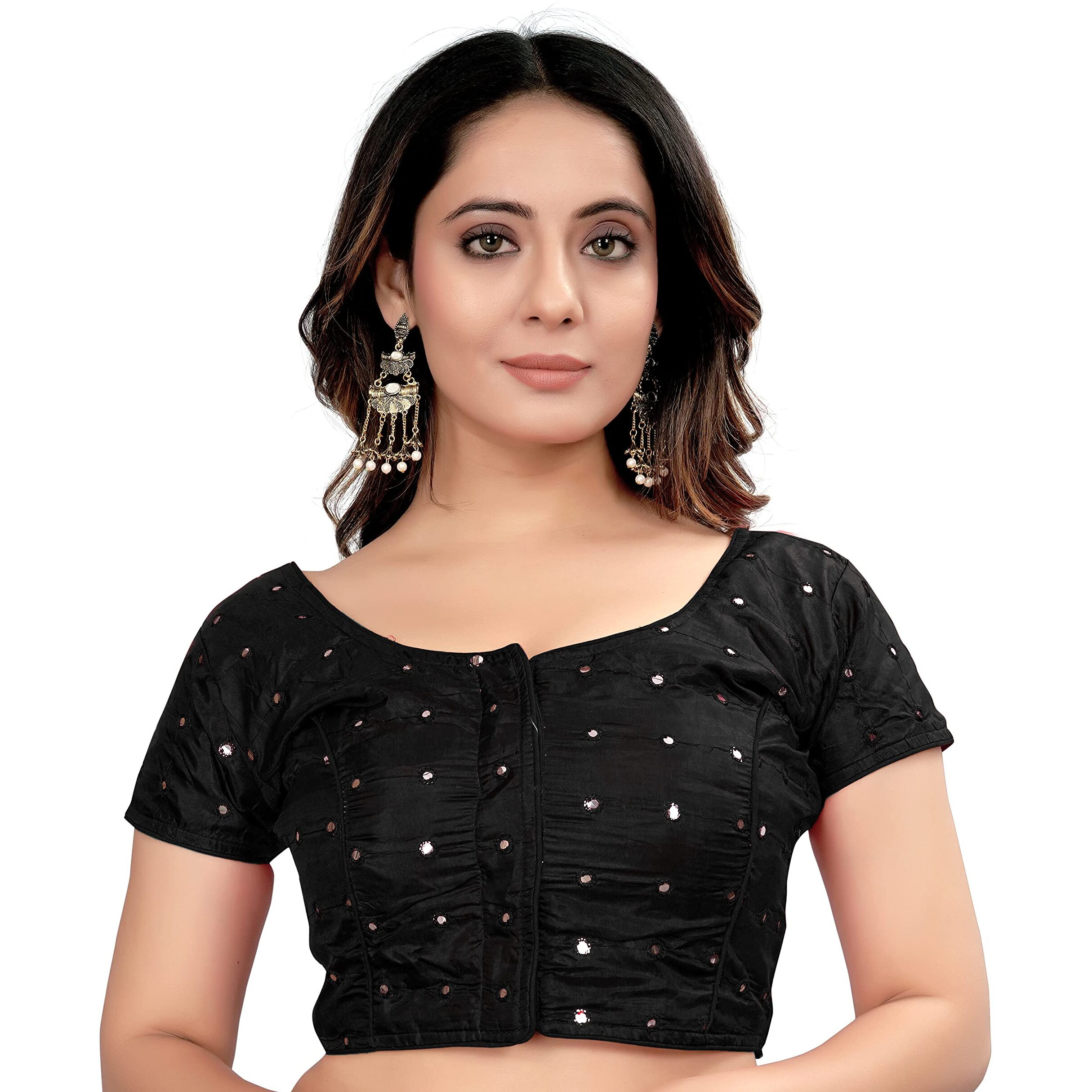 Vihu Fashion Women's Silk Foil Mirror Short Sleeve Readymade Fancy Blouse(Foil Mirror Black_38)