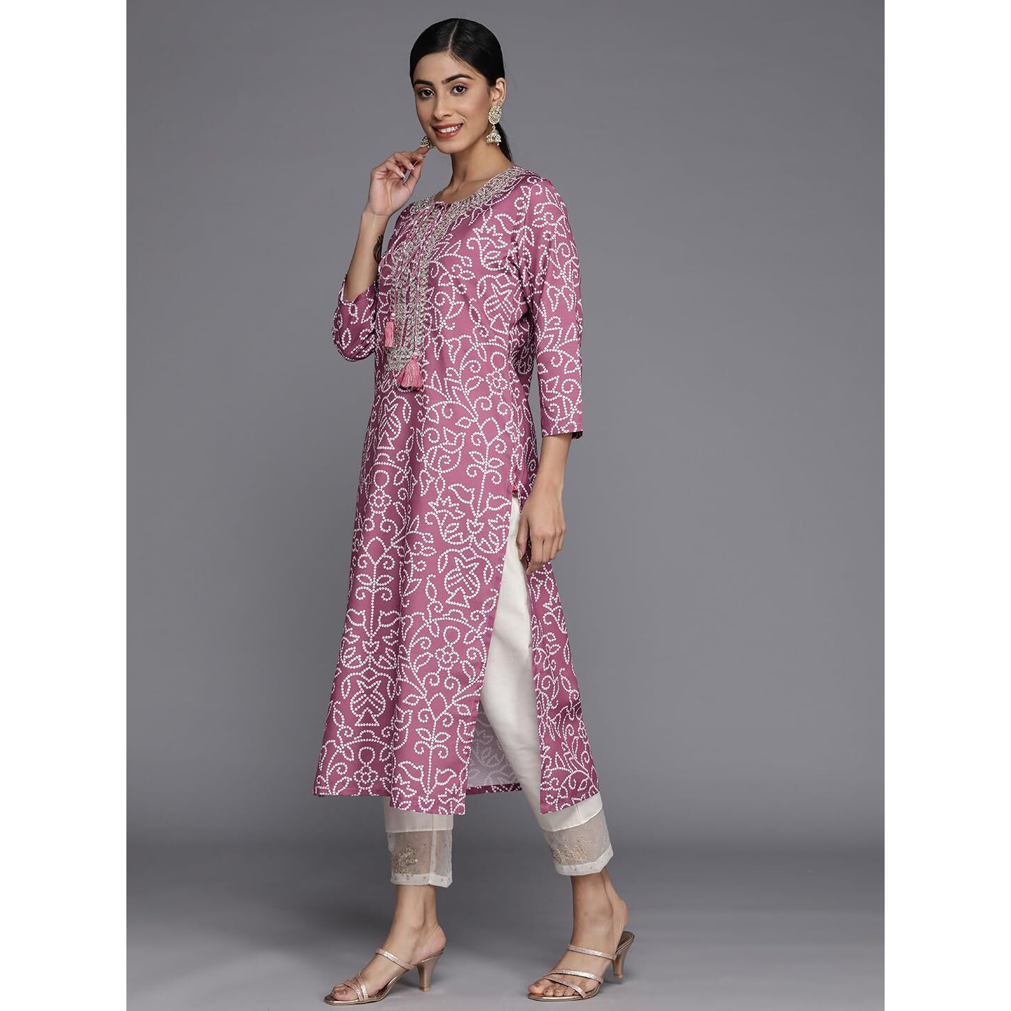 Varanga Women Purple Bandhani Print Yoke Embroidered Kurta With 3/4 Sleeves And White Palazzo Pants (Medium)