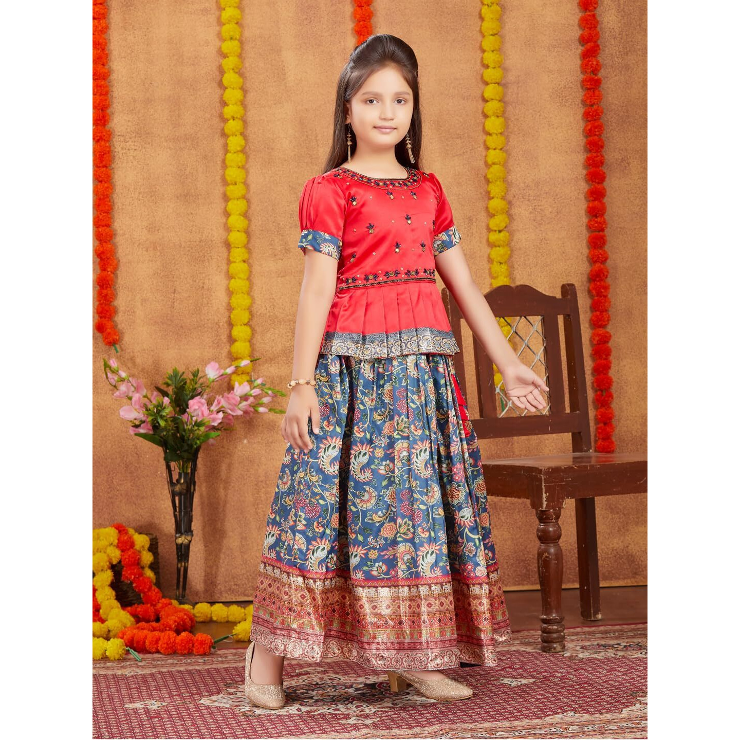 Aarika Girls Ethnic Wear Red Colour Beads Hand Embroidery Lehenga Choli Set (4-10 Years)