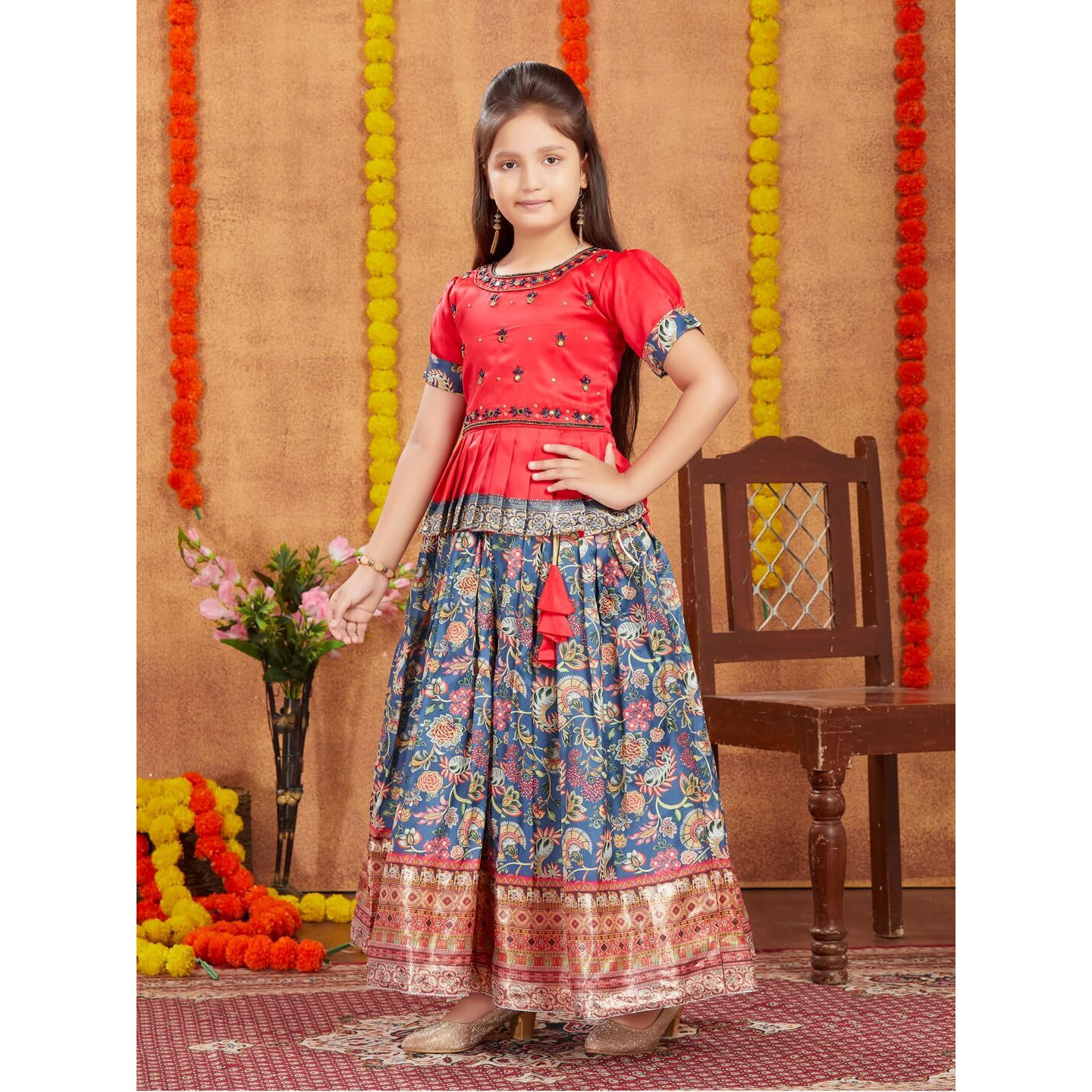 Aarika Girls Ethnic Wear Red Colour Beads Hand Embroidery Lehenga Choli Set (4-10 Years)