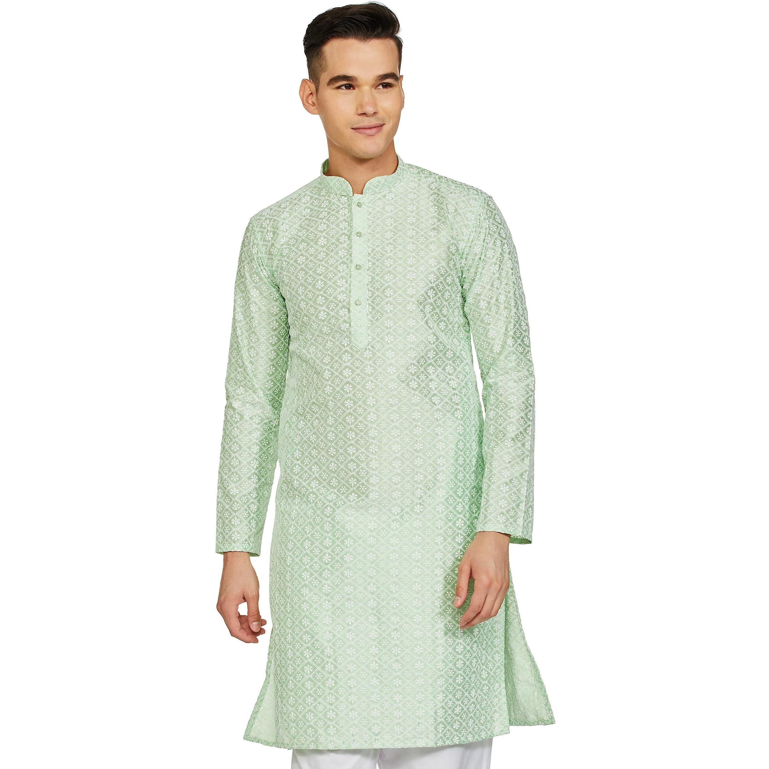 Be Active Men's Traditional Embroidered Lucknowi Full Sleeves Kurta || Cotton Kurta For Men || Men Kurta For Wedding || Kurta For Men (Rfsk0013-Kr 15 M) Light Green