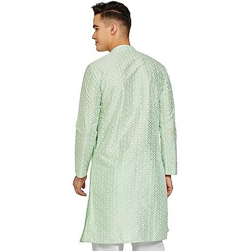 Be Active Men's Traditional Embroidered Lucknowi Full Sleeves Kurta || Cotton Kurta For Men || Men Kurta For Wedding || Kurta For Men (Rfsk0013-Kr 15 M) Light Green