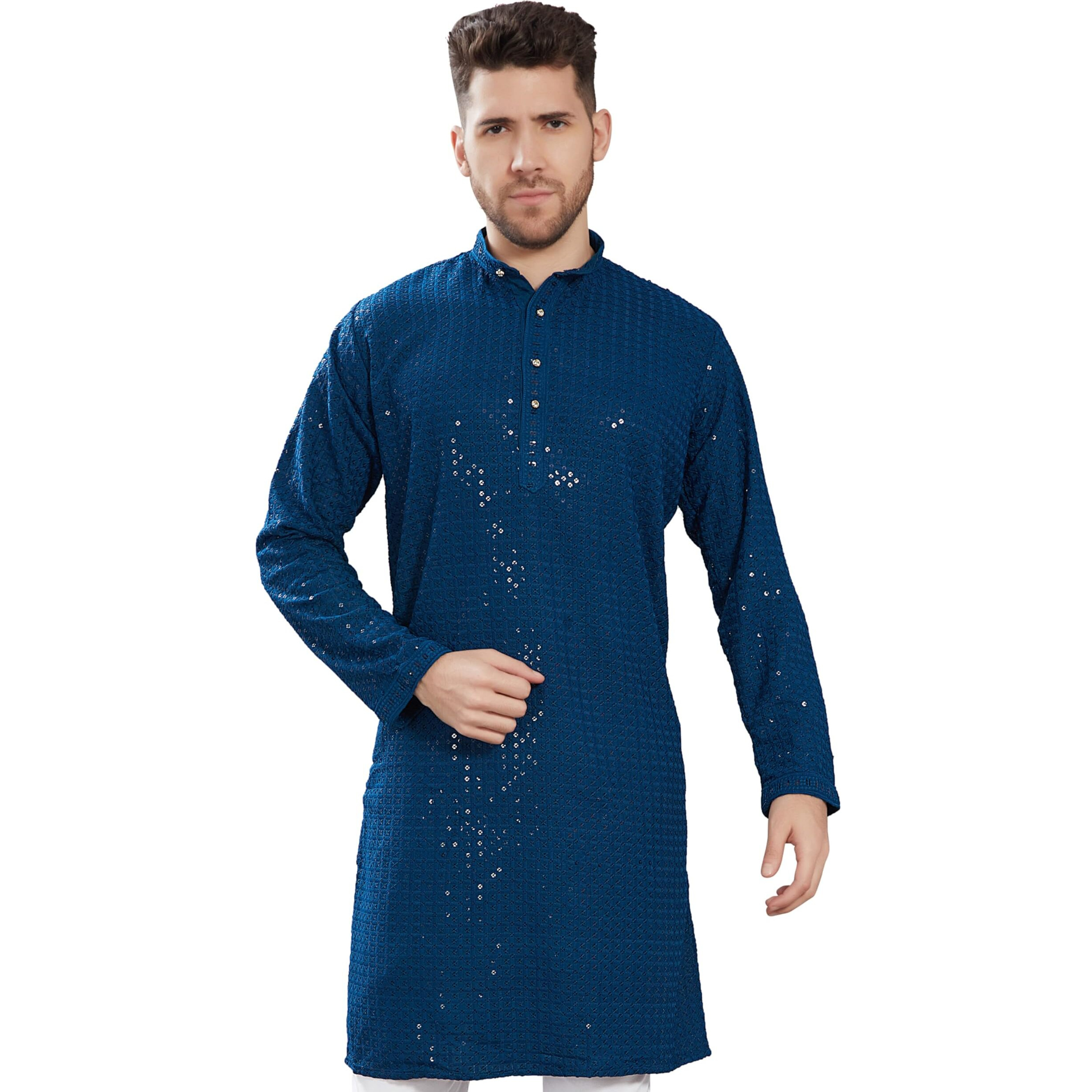 Divisive Men's Sequince Embroidered Cotton Blend Only Slim Fit Kurta (Dkrt746_Xl_Aqua Blue)