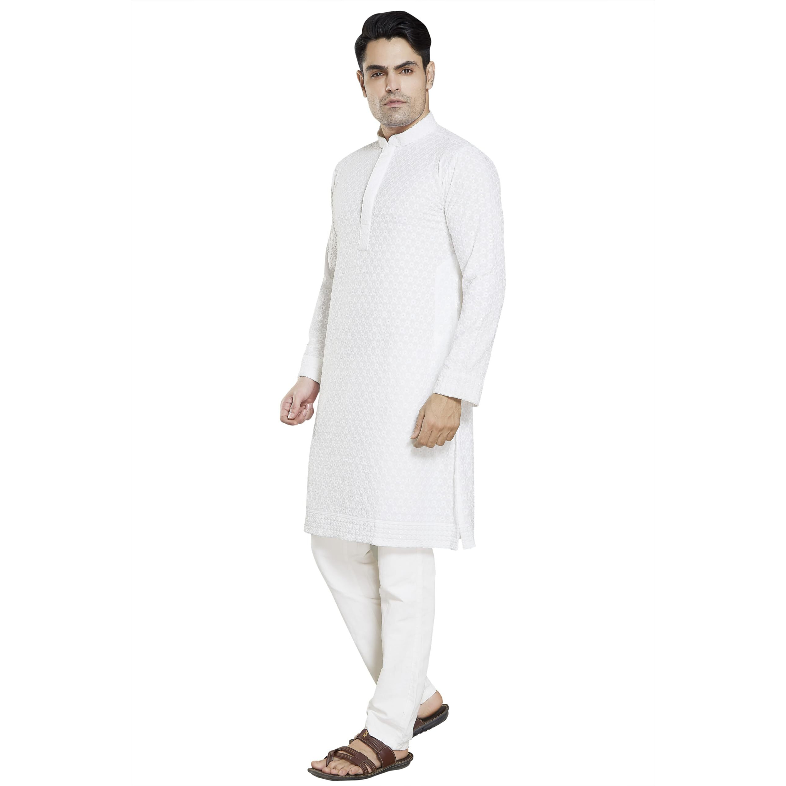 Divisive Men's Sequince Embroidered Cotton Blend Slim Fit Kurta Pyjama Set (Dkrt36_Xl_White)