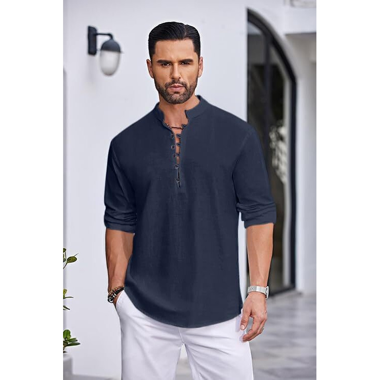 Royalscout Men's Solid Cotton Blend Straight Kurta Shirt | Regular Fit Full Sleeve Short Kurta Navy