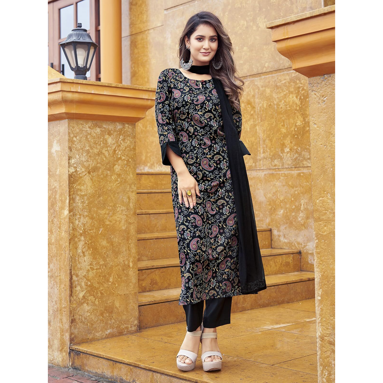 Sanisa Women's Crepe Printed Straight Kurta With Pant And Dupatta Set (100Kbd1095Nr-M_Black & Multi)