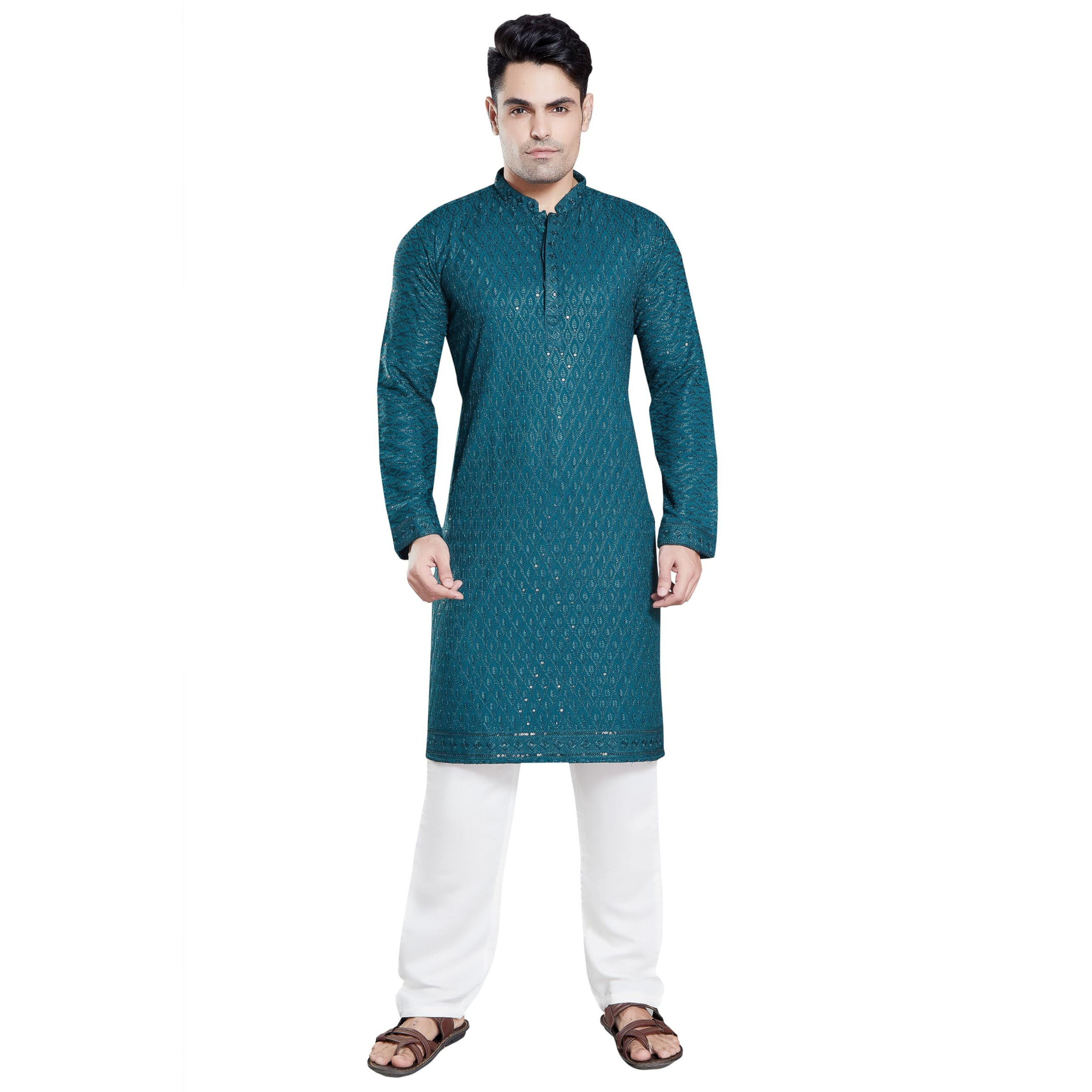 Divisive Men's Sequince Embroidered Cotton Blend Only Slim Fit Kurta (Dkrt116_S_P Blue)