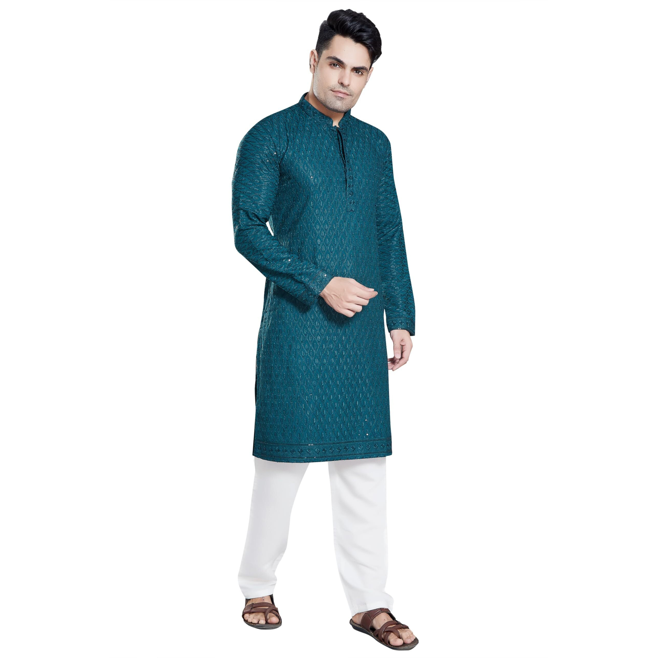 Divisive Men's Sequince Embroidered Cotton Blend Only Slim Fit Kurta (Dkrt116_S_P Blue)