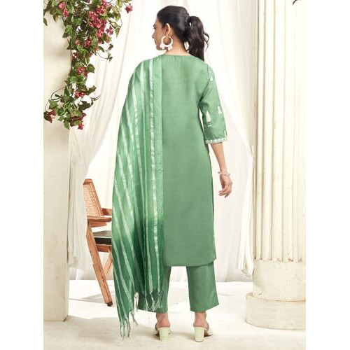Sanisa Women's Cotton Blend Printed With Sequence And Embroidery Work Straight Kurta With Pant And Dupatta Set (198Kbd2102N-Xl_Pista Green)