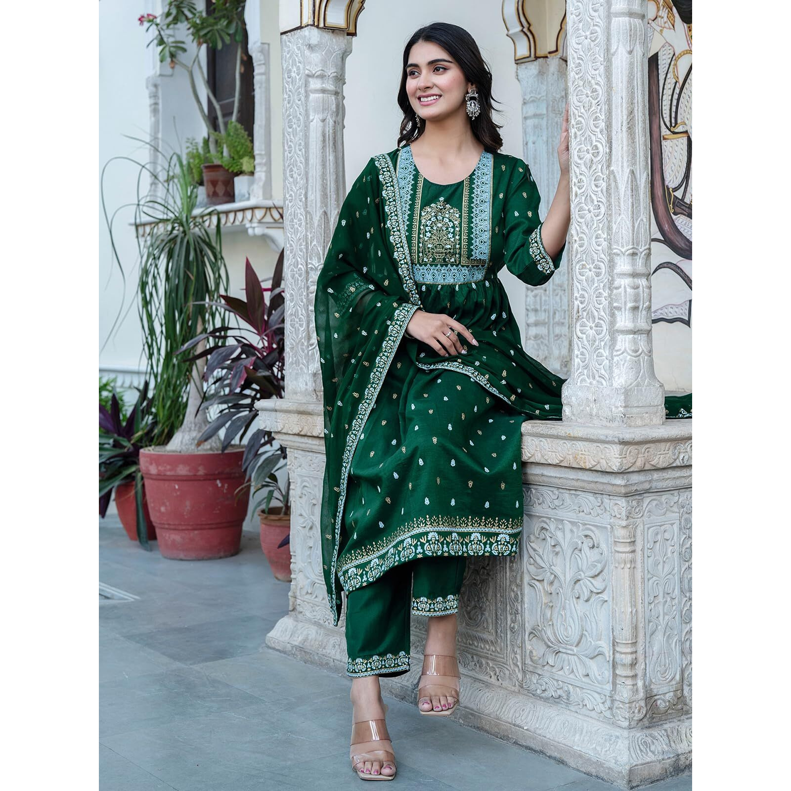 Sanisa Women's Chinnon Pigment & Foil Printed Anarkali Kurta With Pant And Dupatta Set (66Kbd757N-L_Dark Green)