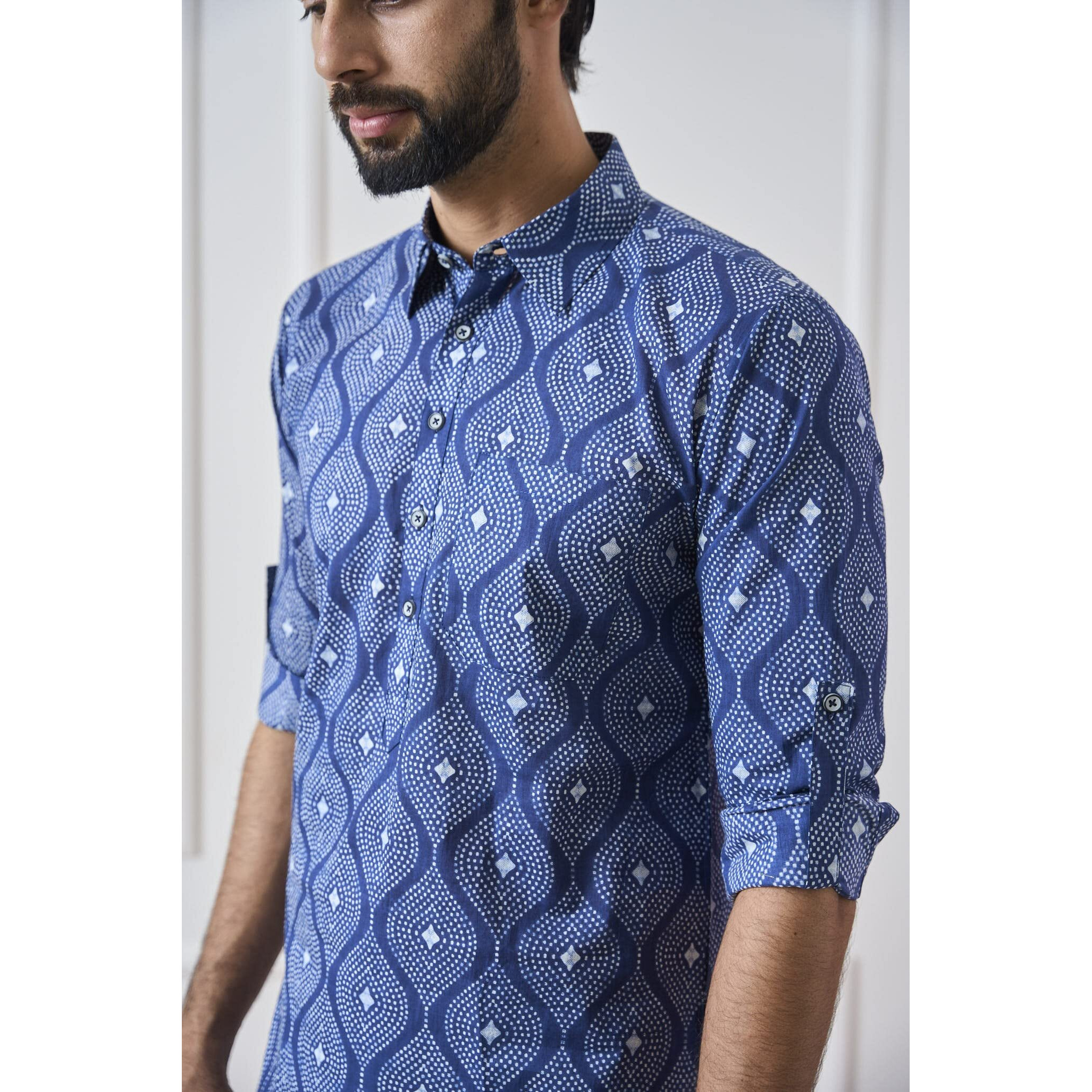 See Designs Men Spread Collar Indigo Regular Pure Cotton Pathani Full Sleeve Kurta With White Salwar - Sd2Mpkt_116103Xs