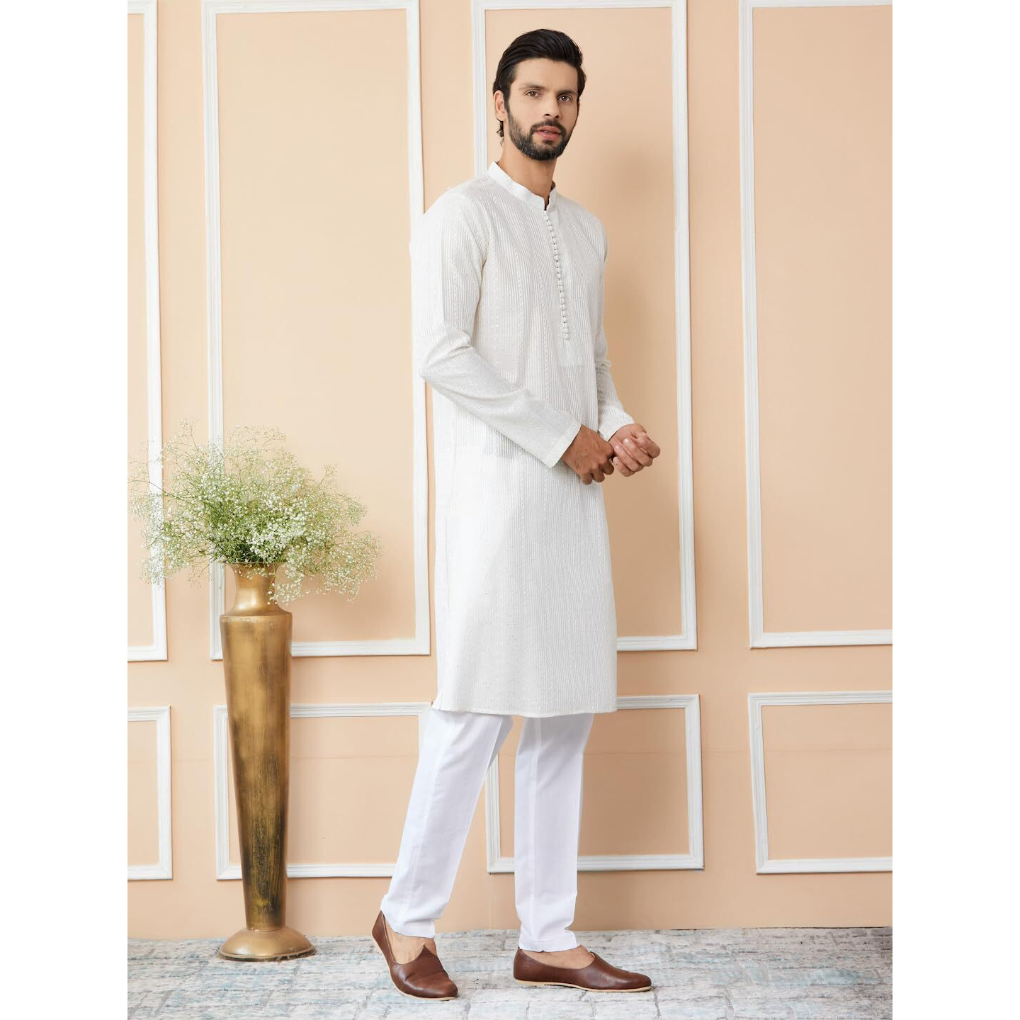 See Designs Men's Long Sleeve Mandarin Collar Side Slit Off White Embroidered Thread Work Sequinned Chanderi Silk Straight Kurta With Pyjama - Sdkt251201M