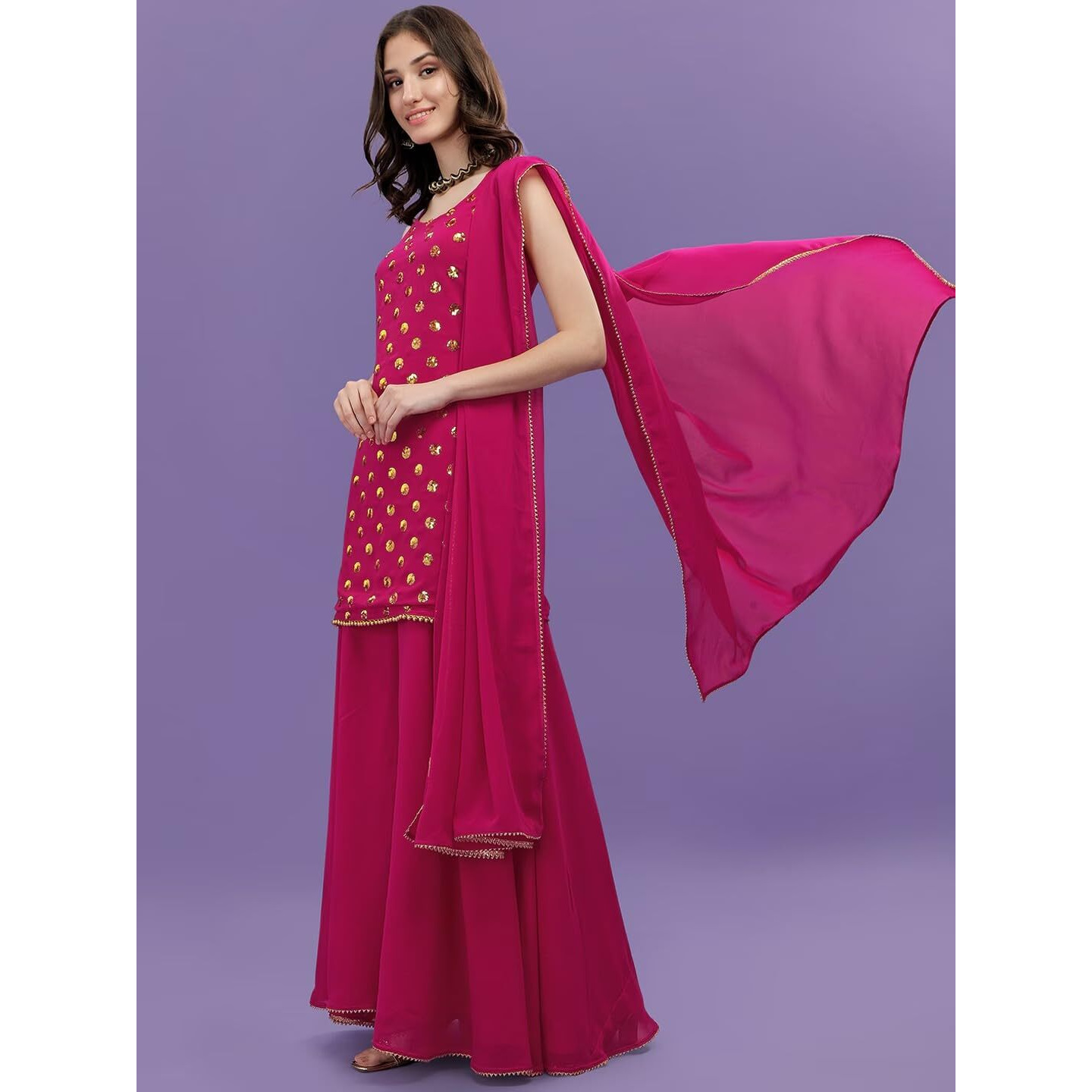 Fashion Basket Georgette Embroidered Kurta Set For Women (In, Alpha, S, Regular, Pink)
