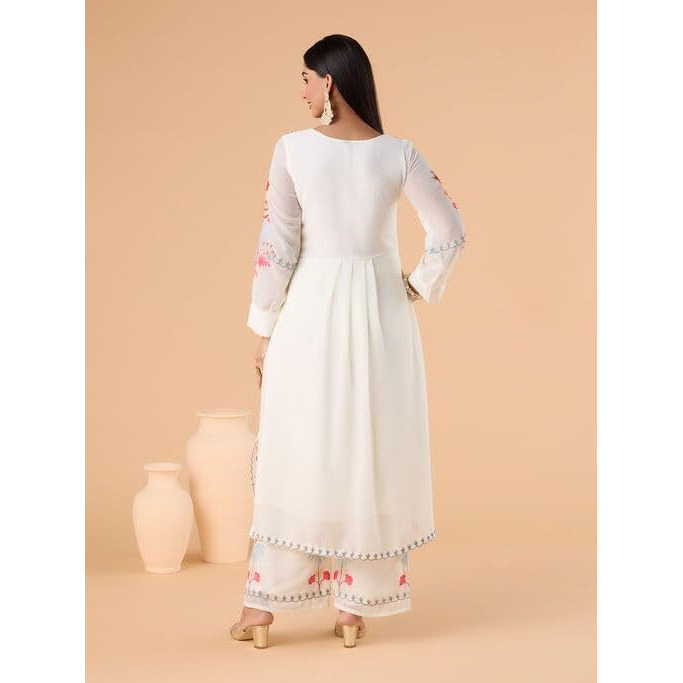 Fashion Basket Women's Faux Georgette Embroidered Straight Kurta With Dupatta (X-Large, White)