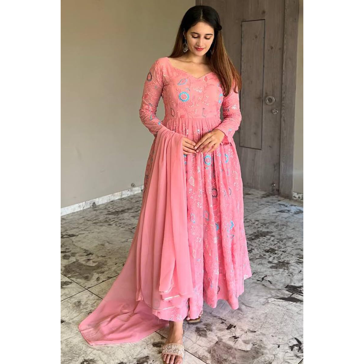 Fashion Basket Havy Georgette Embroidered Anarkali Dress For Women Pink